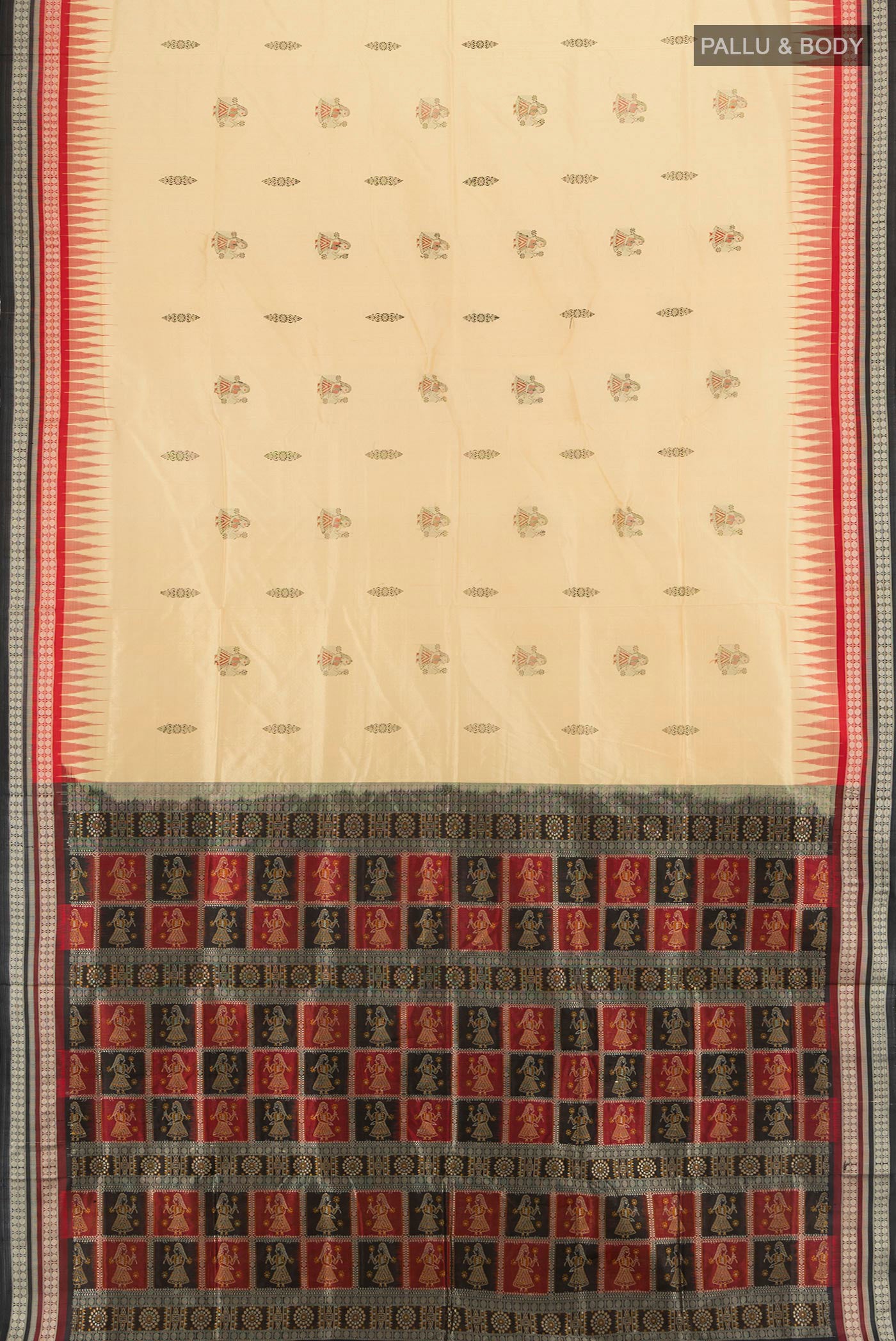 Flat view of Sandal Orissa Silk Saree with Thread Butta on the body and Thread Border. 