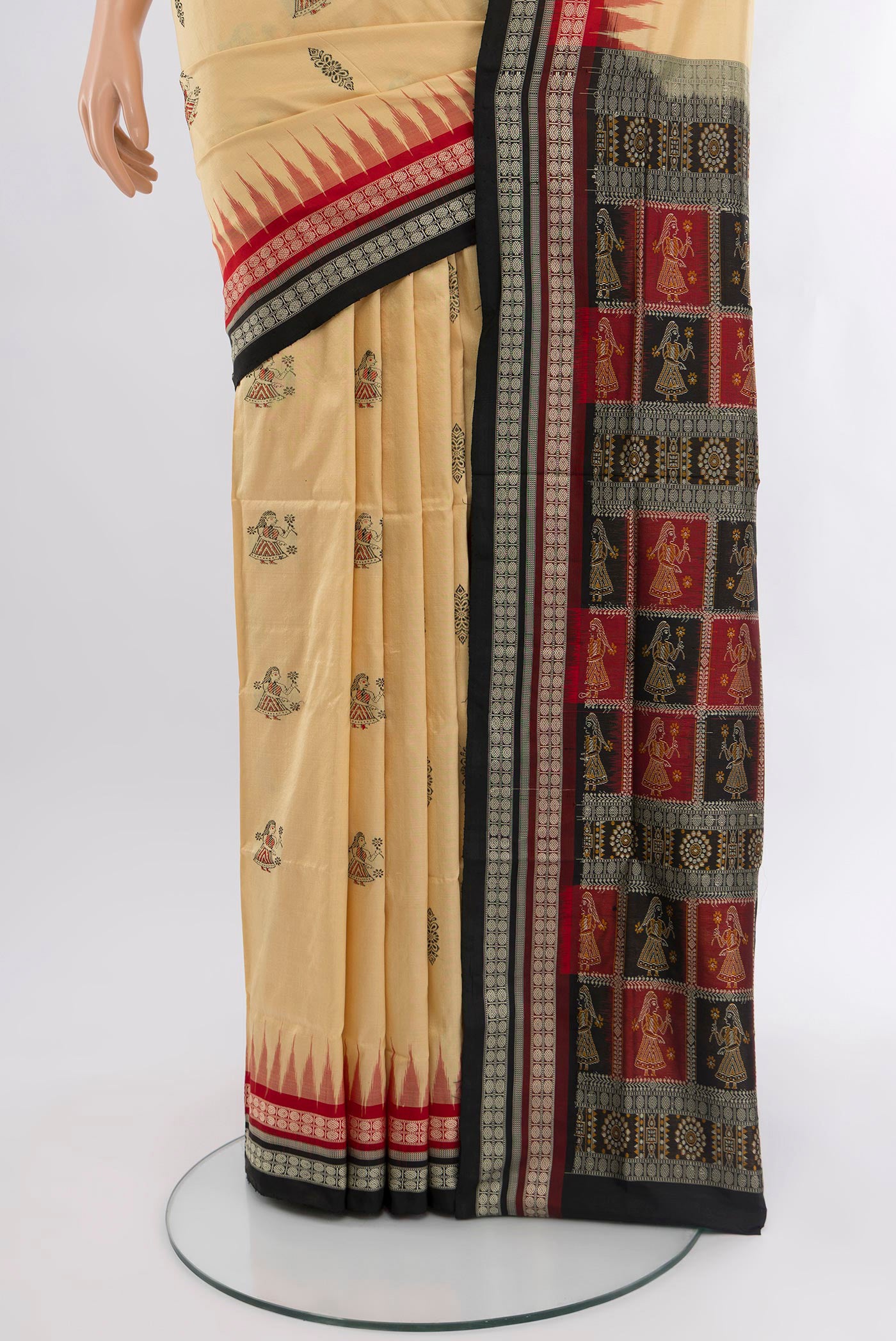 Pleats and pallu of Sandal Orissa Silk Saree with Thread Butta on the body and Thread Border. 