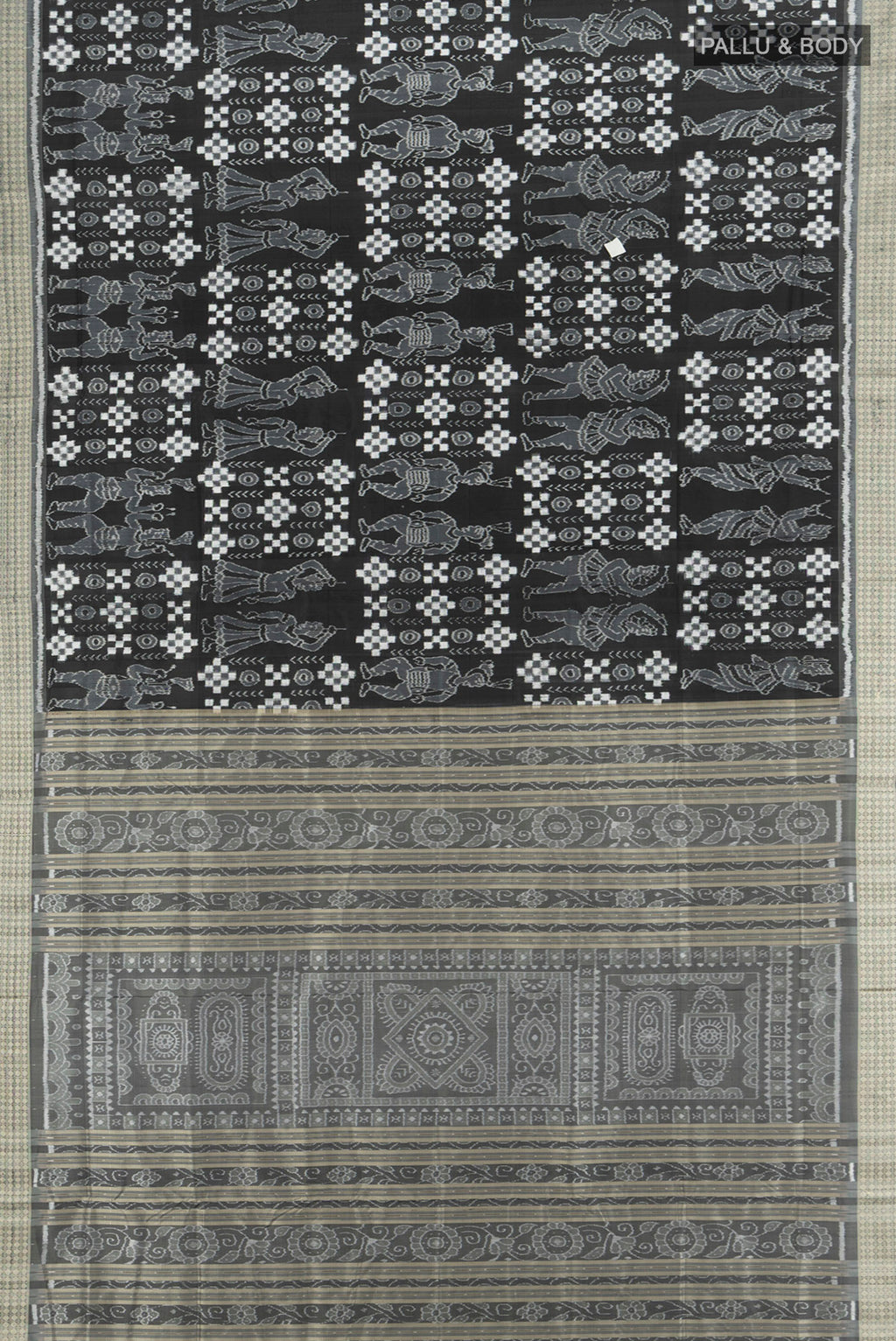 Flat view of Black Orissa Silk Saree with Pure Ikat on the body and Thread Border. 