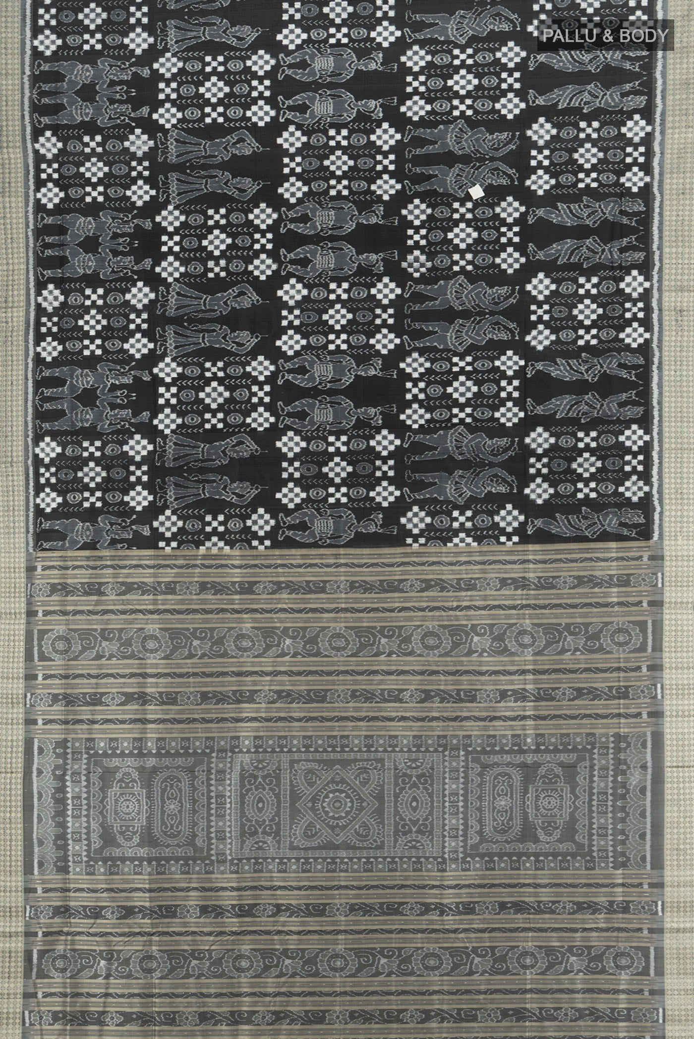 Flat view of Black Orissa Silk Saree with Pure Ikat on the body and Thread Border. 