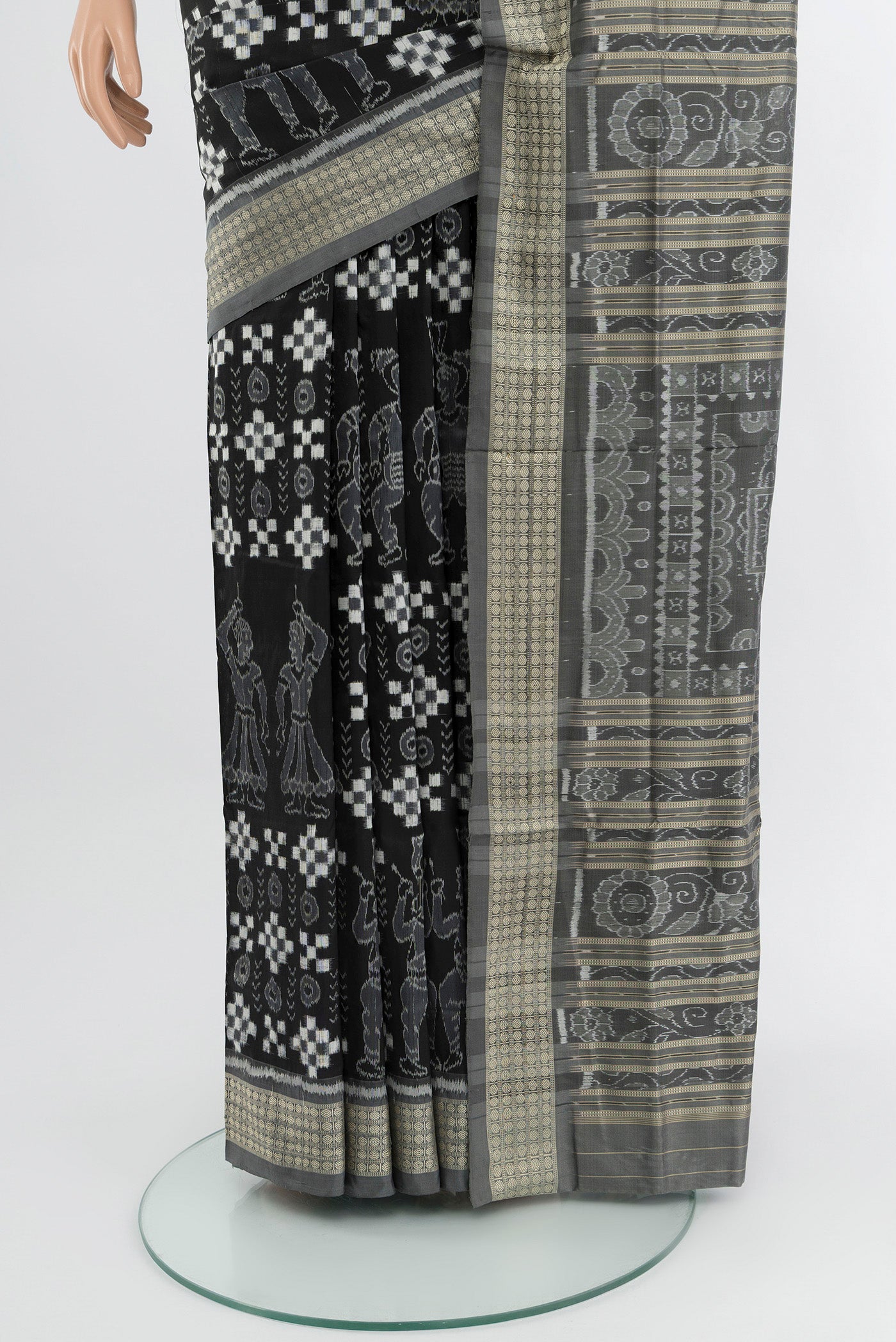 Pleats and pallu of Black Orissa Silk Saree with Pure Ikat on the body and Thread Border. 