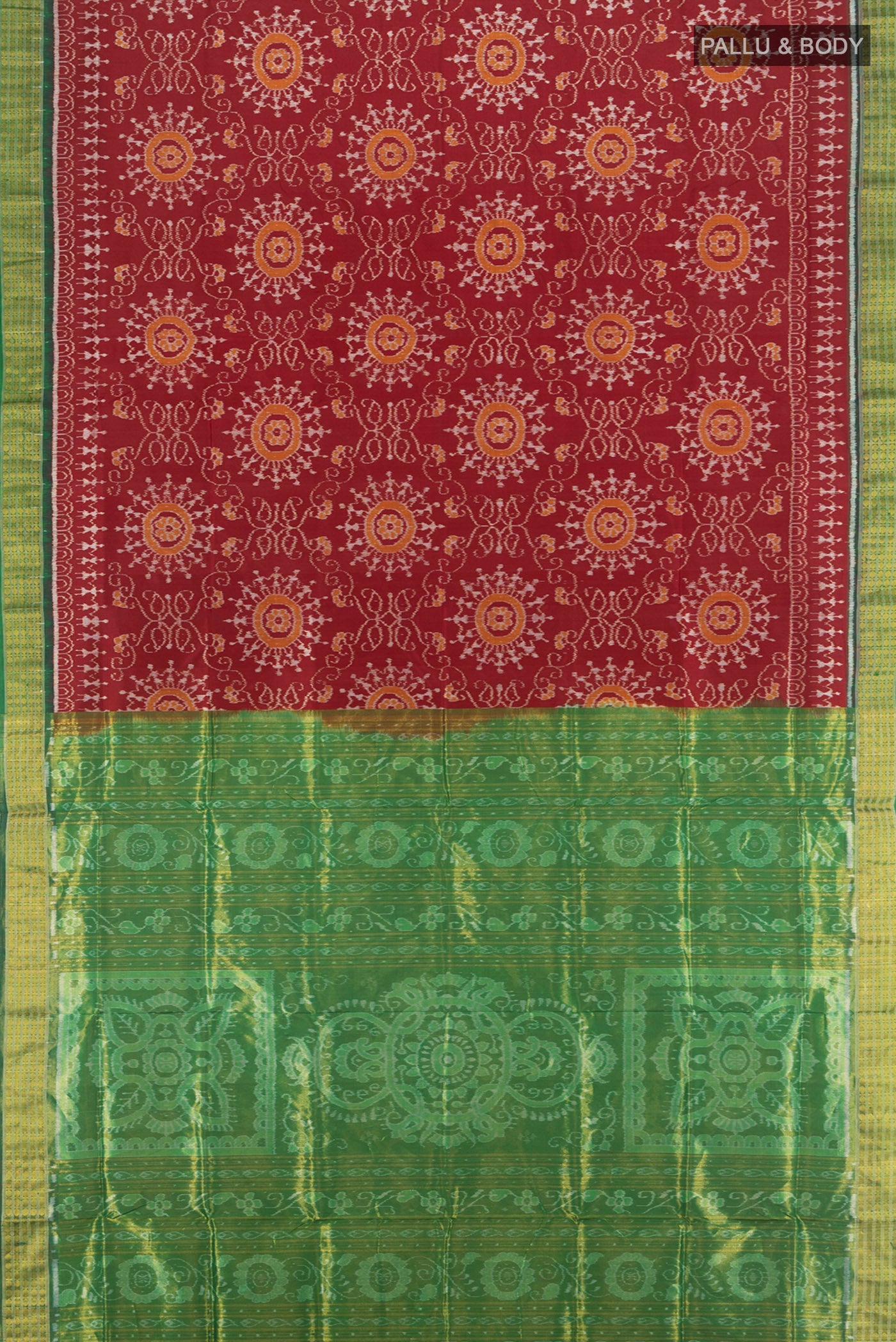 Flat view of Maroon Orissa Silk Saree with Pure Ikat on the body and Zari Border. 