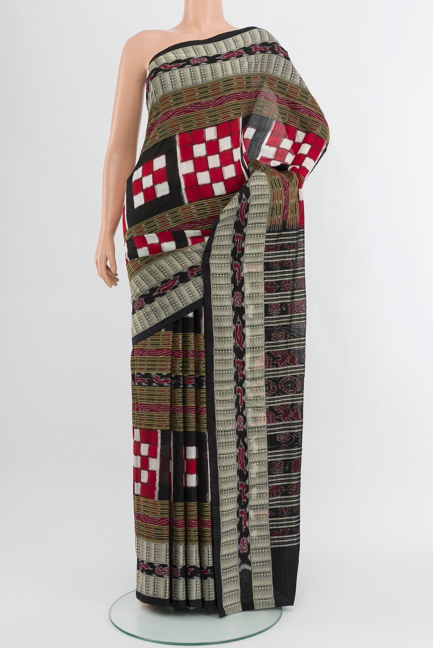 Multi Color Orissa Silk Saree with Pure Ikat on the body and Thread Border.  displayed on a mannequin