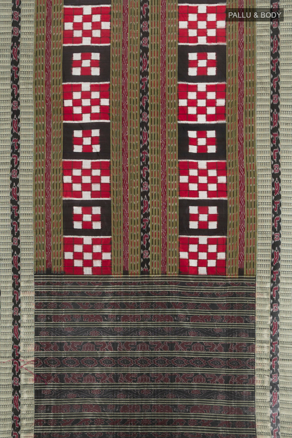 Flat view of Multi Color Orissa Silk Saree with Pure Ikat on the body and Thread Border. 