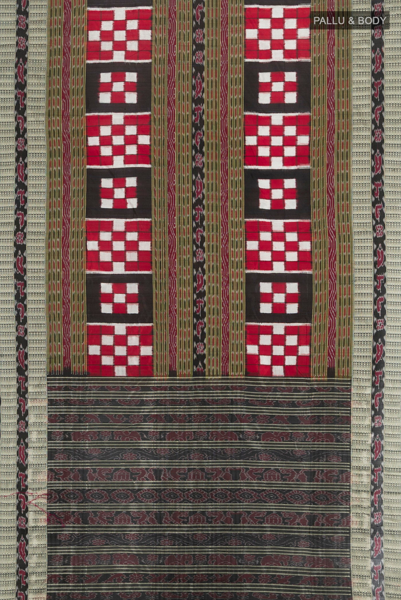Flat view of Multi Color Orissa Silk Saree with Pure Ikat on the body and Thread Border. 