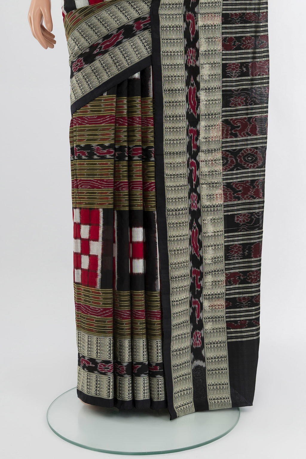 Pleats and pallu of Multi Color Orissa Silk Saree with Pure Ikat on the body and Thread Border. 