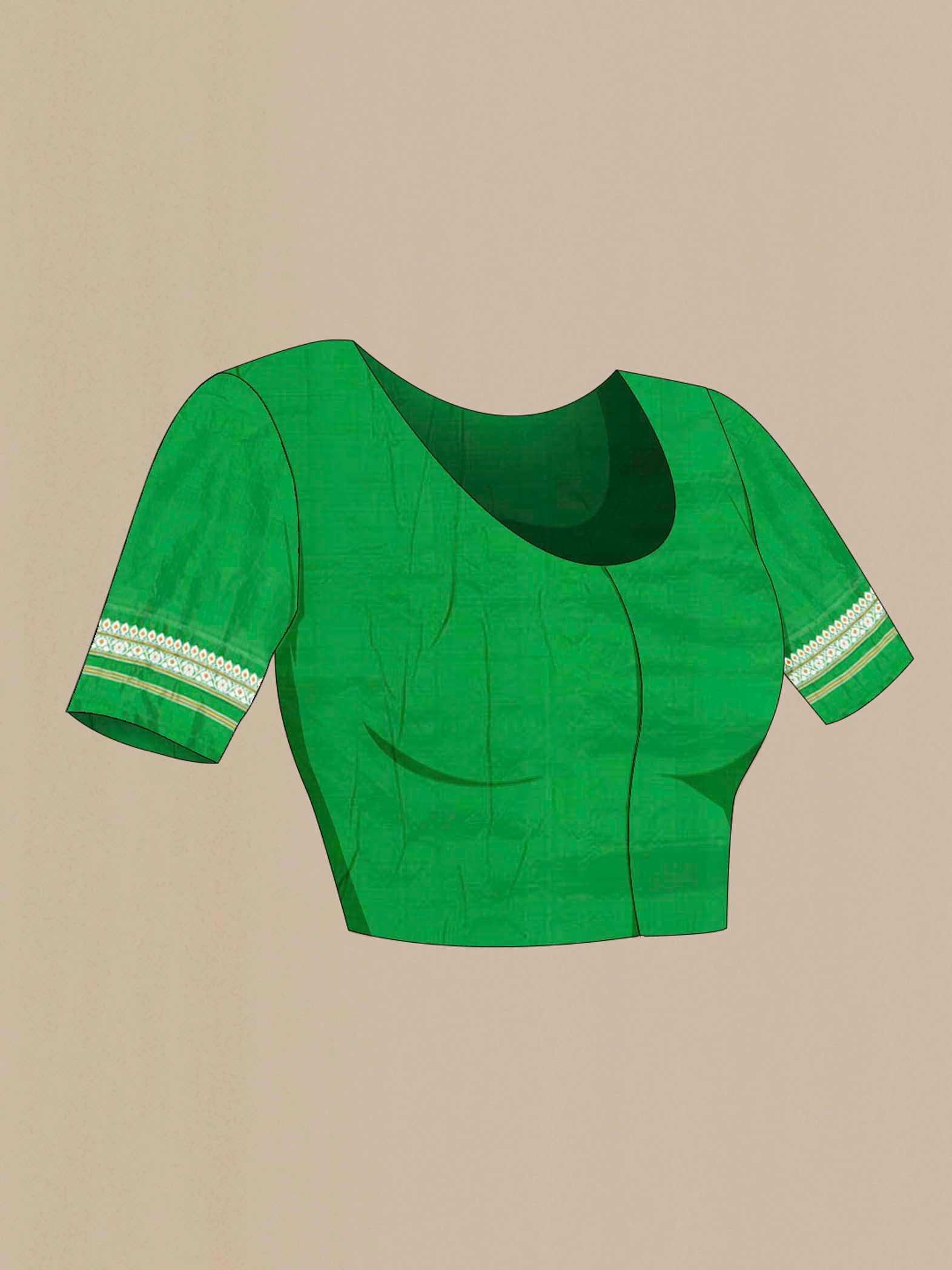 Close up image of the blouse of Bottle Green Assam Silk Saree with Thread Butta on the body and Silk Border