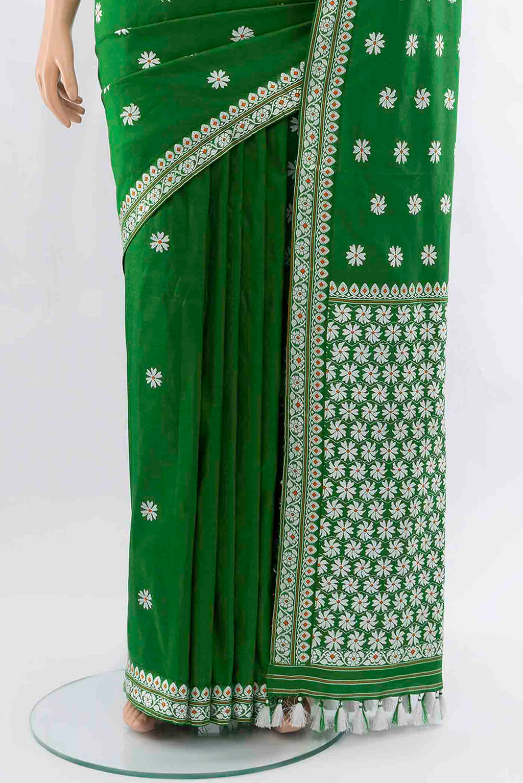 Pleats and pallu of Bottle Green Assam Silk Saree with Thread Butta on the body and Silk Border