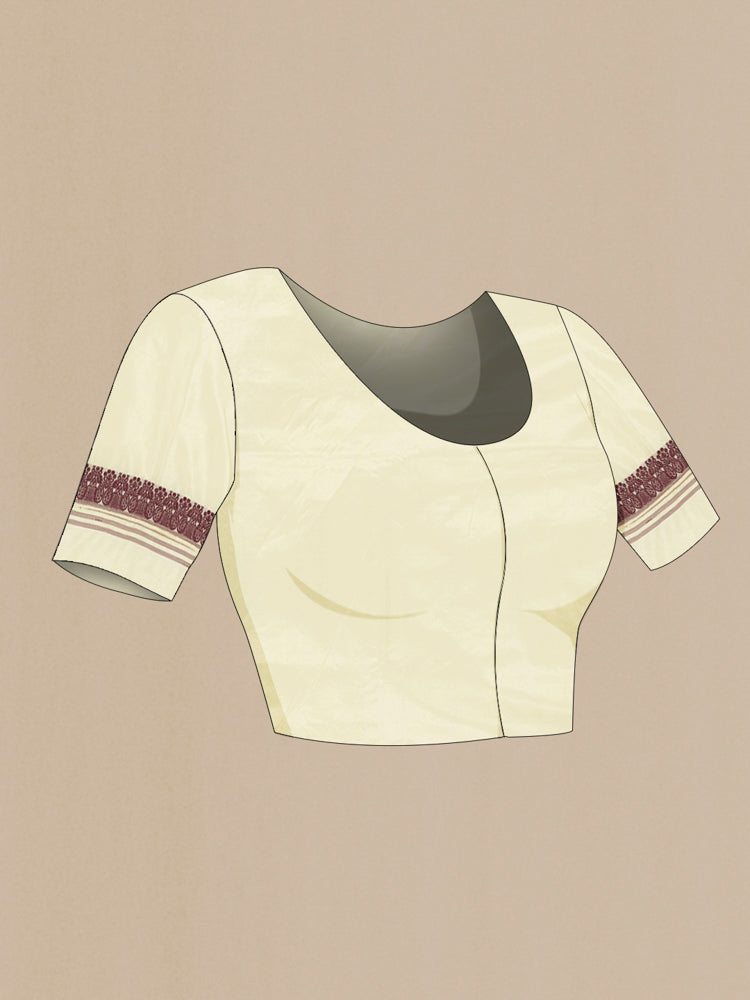 Close up image of the blouse of Cream Assam Silk Saree with Jacquard With Thread Butta on the body and Silk Border. 