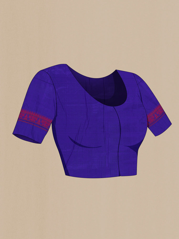 Close up image of the blouse of Dark Blue Assam Silk Saree with Jacquard With Thread Butta on the body and Silk Border. 
