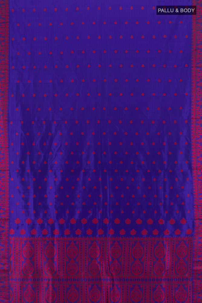 Flat view of Dark Blue Assam Silk Saree with Jacquard With Thread Butta on the body and Silk Border. 