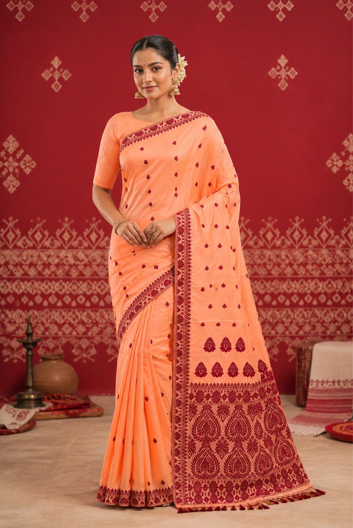 Model wearing a Peach Assam Silk Saree with Thread Butta on the body and Thread Border.