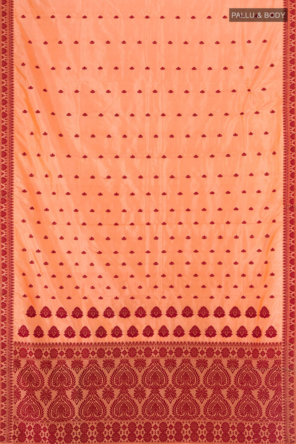 Flat view of Orange Assam Silk Saree with Jacquard With Thread Butta on the body and Silk Border. 