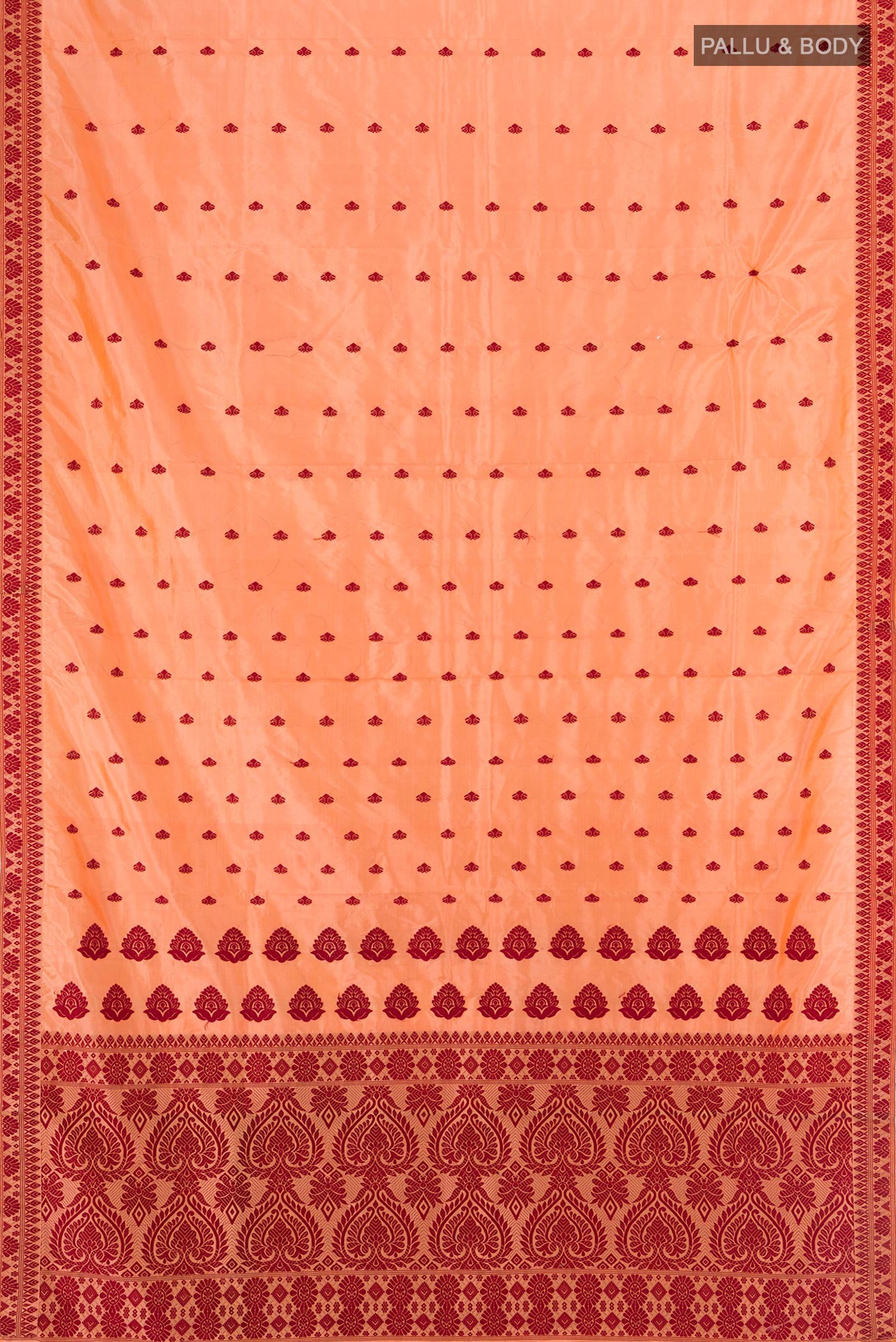 Flat view of Orange Assam Silk Saree with Jacquard With Thread Butta on the body and Silk Border. 
