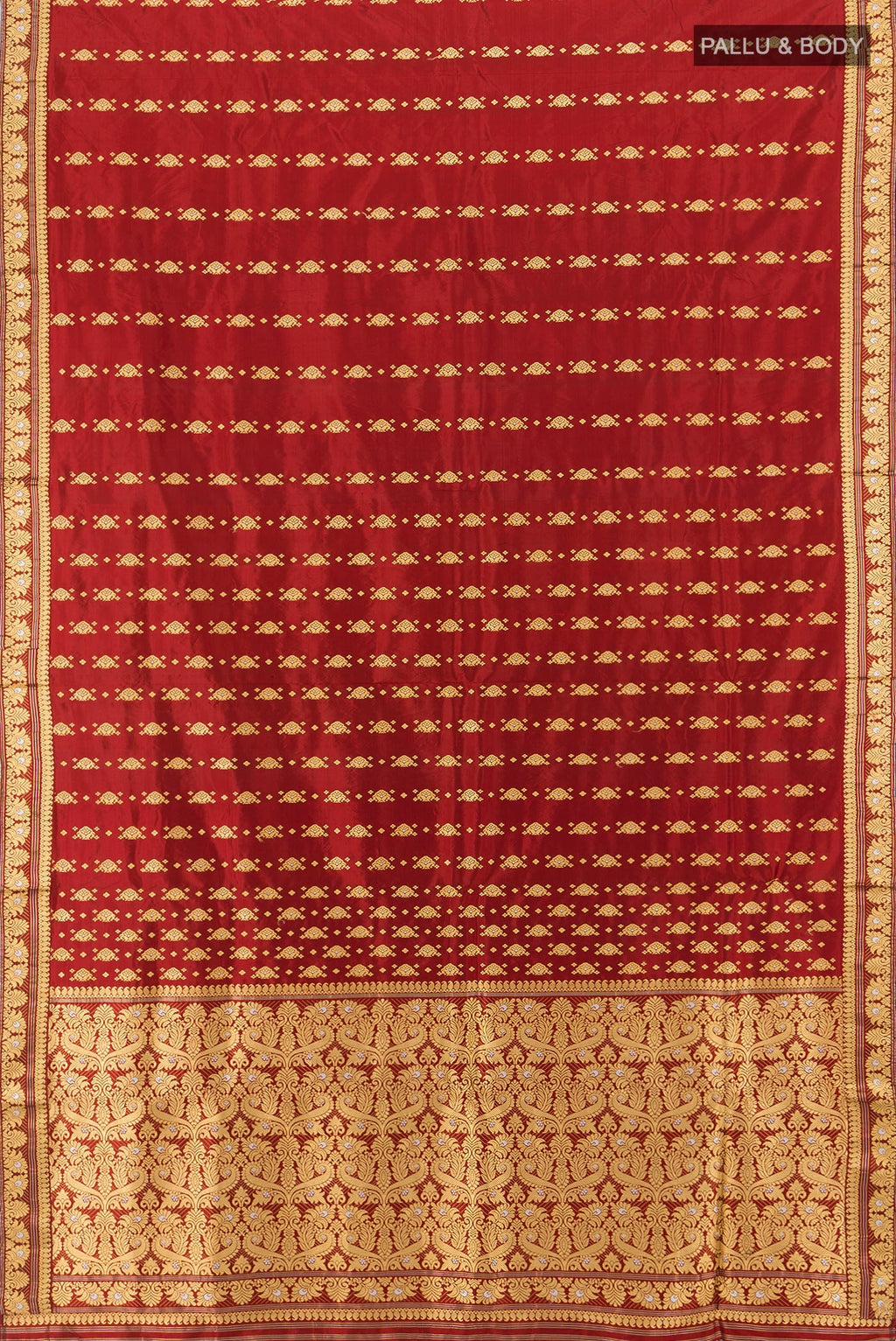 Flat view of Maroon Assam Silk Saree with Thread Butta on the body and Silk Border. 