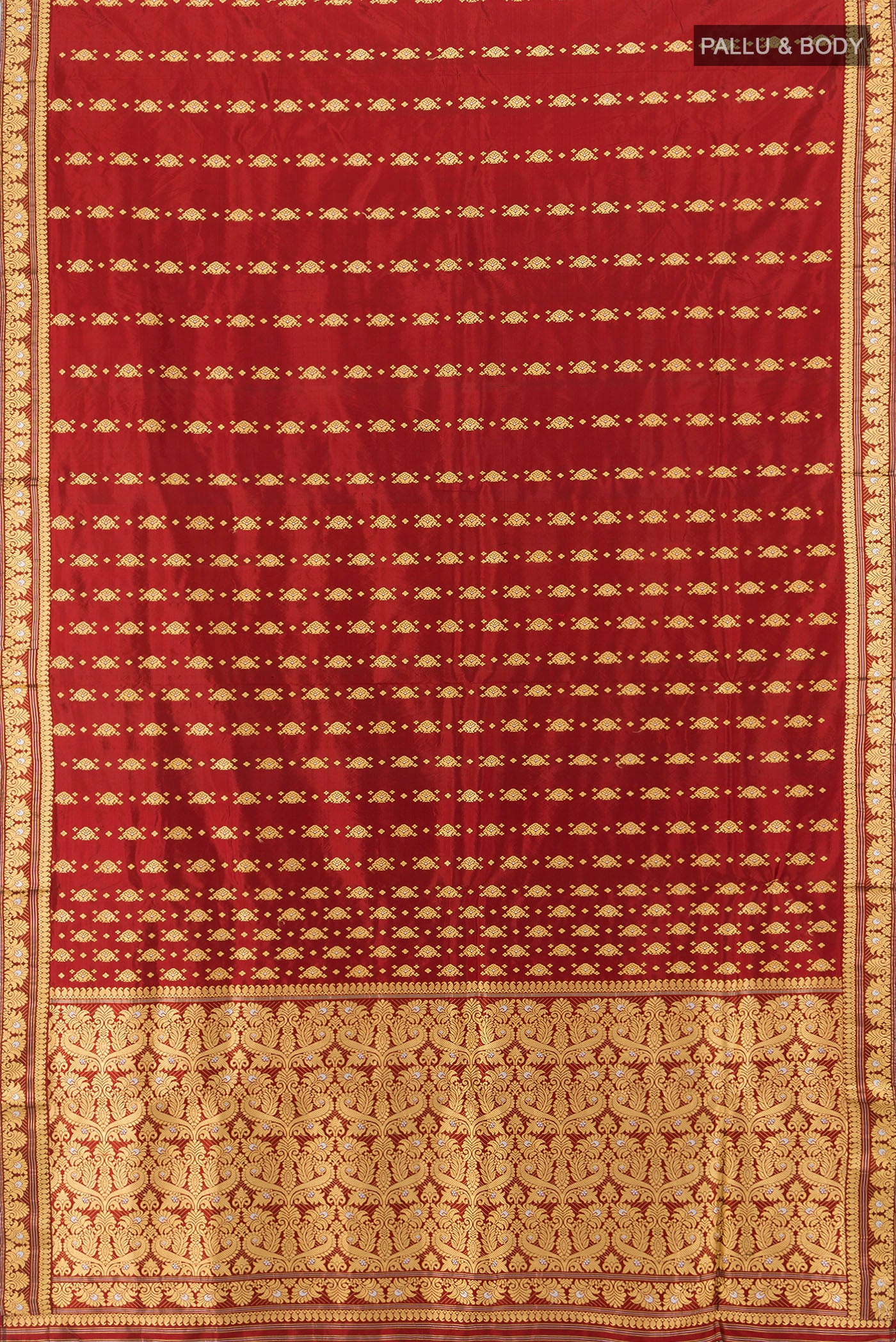 Flat view of Maroon Assam Silk Saree with Thread Butta on the body and Silk Border. 