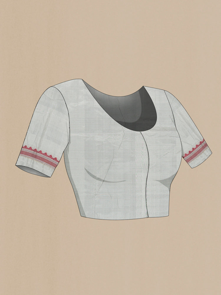 Close up image of the blouse of Grey Assam Silk Saree with Zari Butta on the body and Silk Border. 