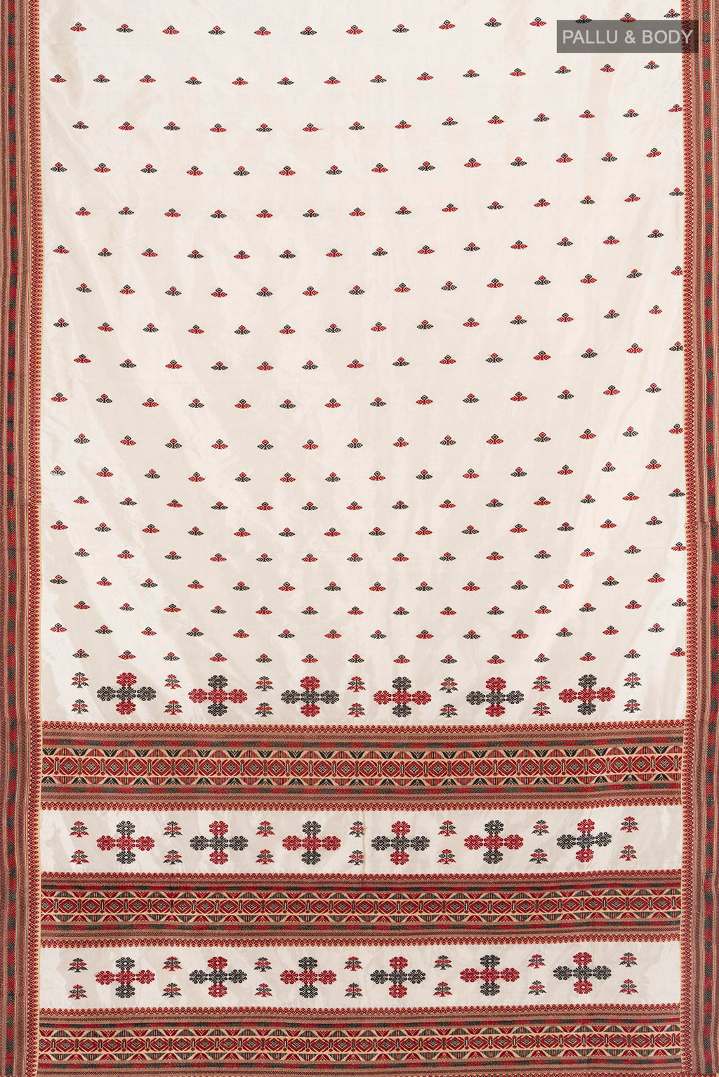 Flat view of Off White Assam Silk Saree with Thread Butta on the body and Thread Border. 
