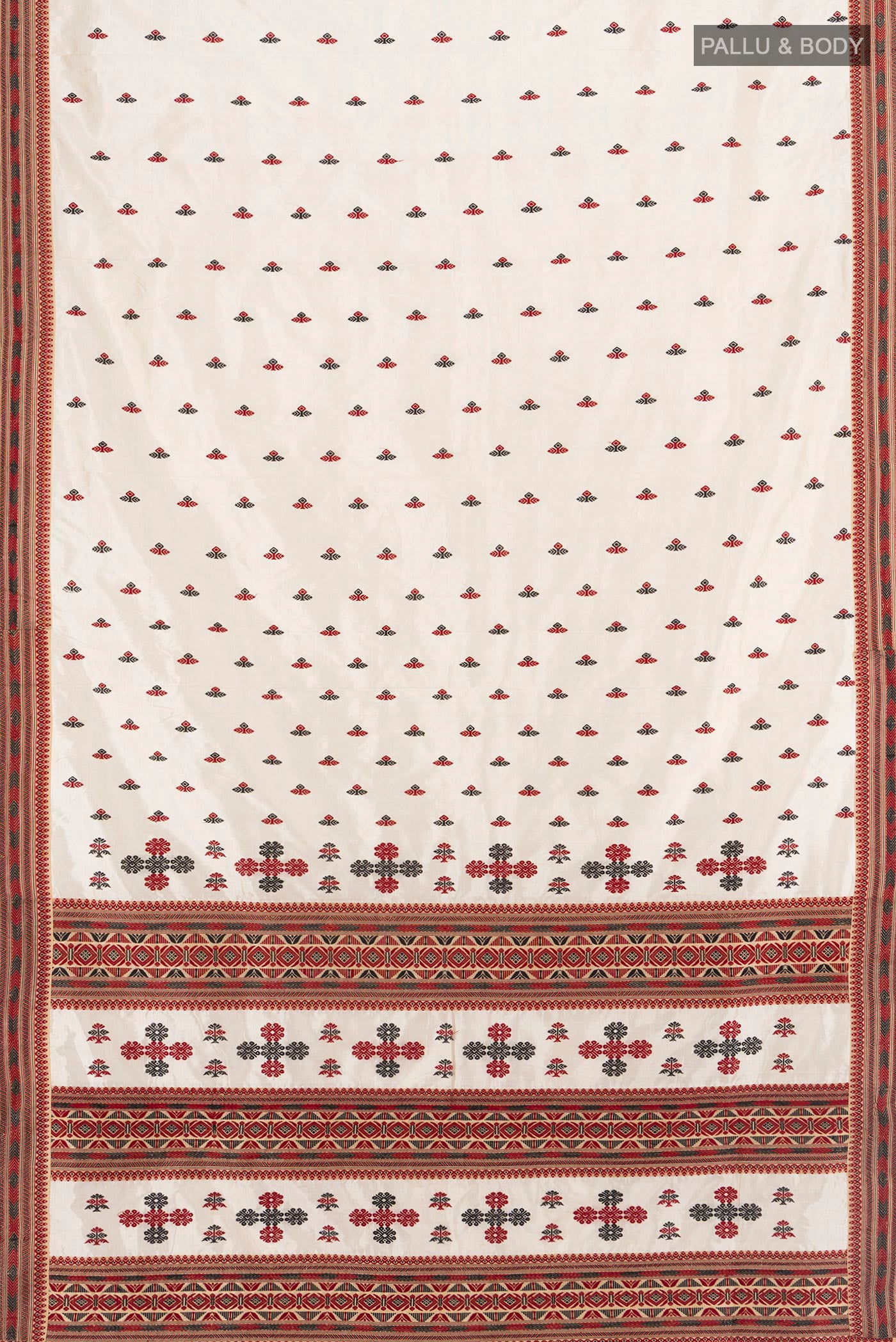 Flat view of Off White Assam Silk Saree with Thread Butta on the body and Thread Border. 