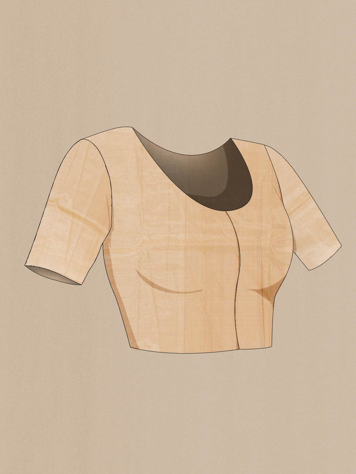 Close up image of the blouse of Pure Silk Beige Assam Saree with Thread Butta on the body and Thread Border. 