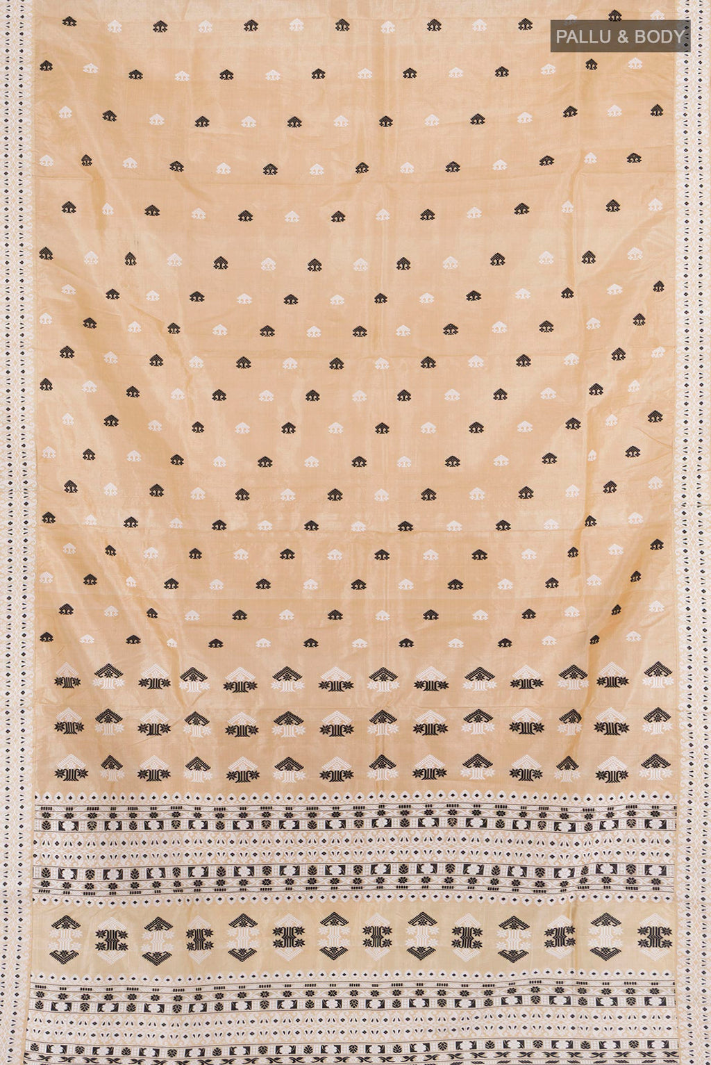 Flat view of Pure Silk Beige Assam Saree with Thread Butta on the body and Thread Border. 