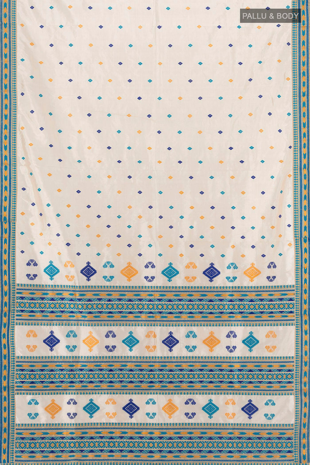Flat view of Cream Assam Silk Saree with Thread Butta on the body and Thread Border. 