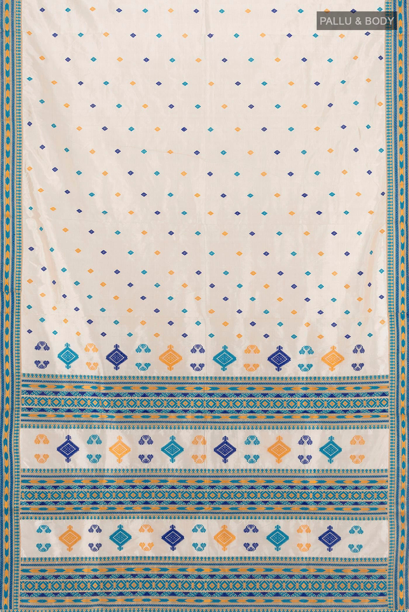 Flat view of Cream Assam Silk Saree with Thread Butta on the body and Thread Border. 