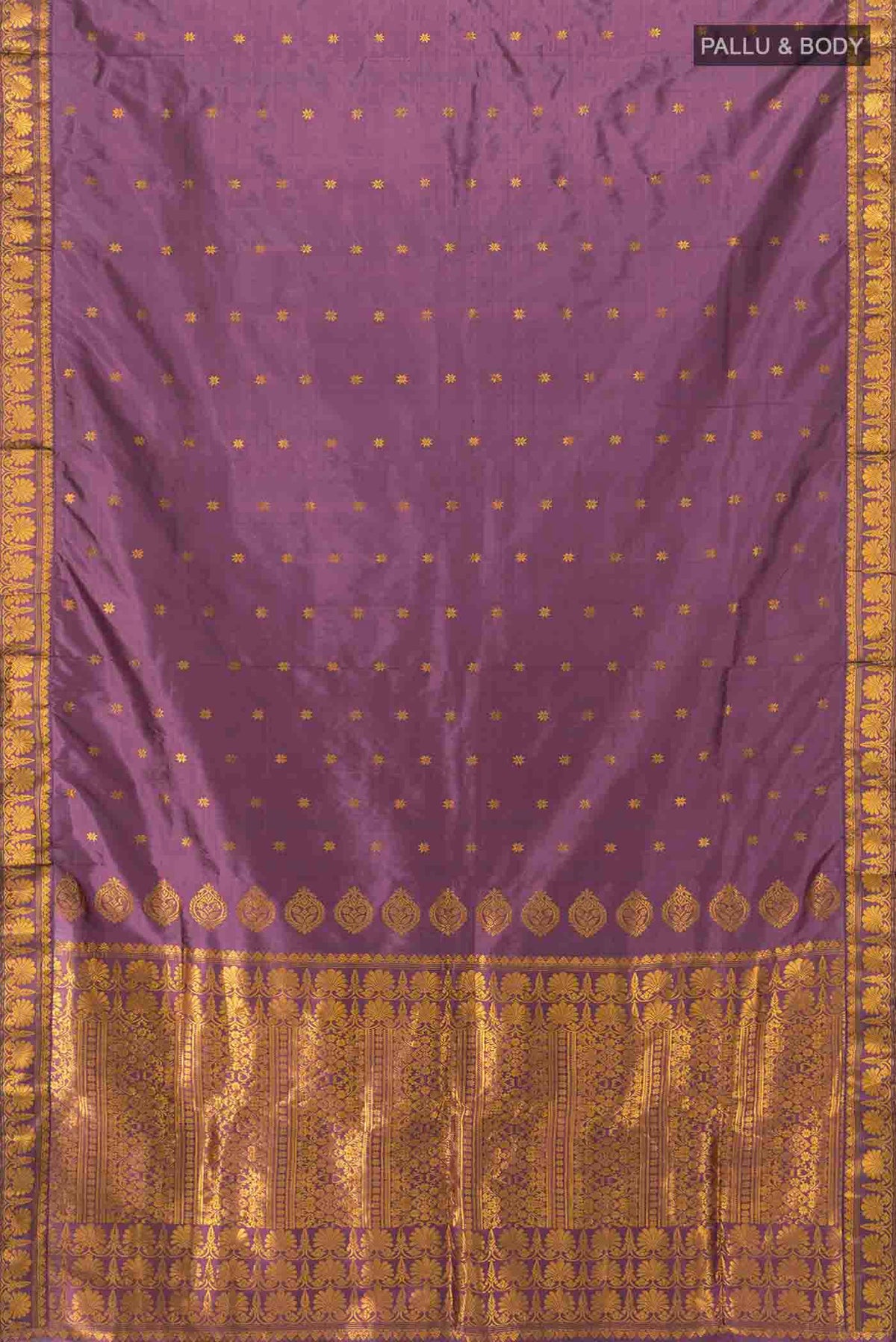Flat view of Bronze Assam Silk Saree with Thread Butta on the body and Silk Border