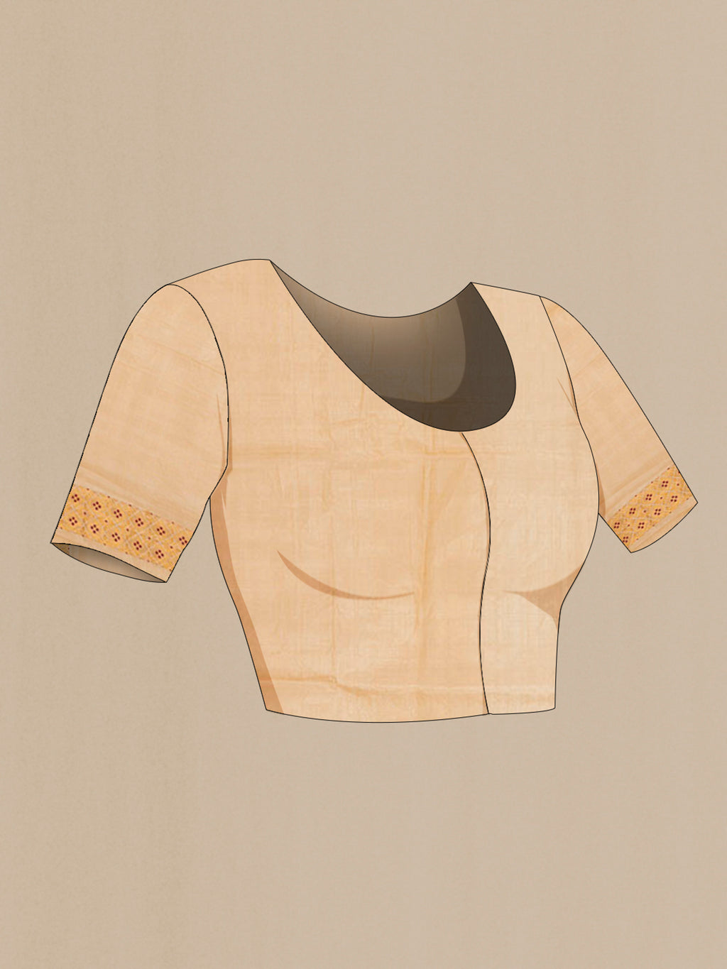 Close up image of the blouse of Sandal Assam Silk Saree with Thread Butta on the body and Thread Border. 