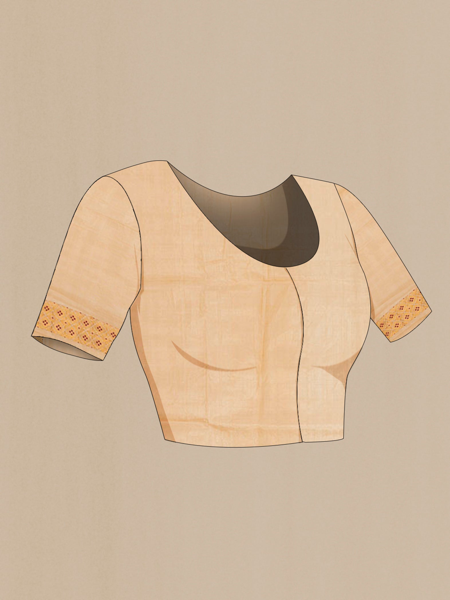 Close up image of the blouse of Sandal Assam Silk Saree with Thread Butta on the body and Thread Border. 