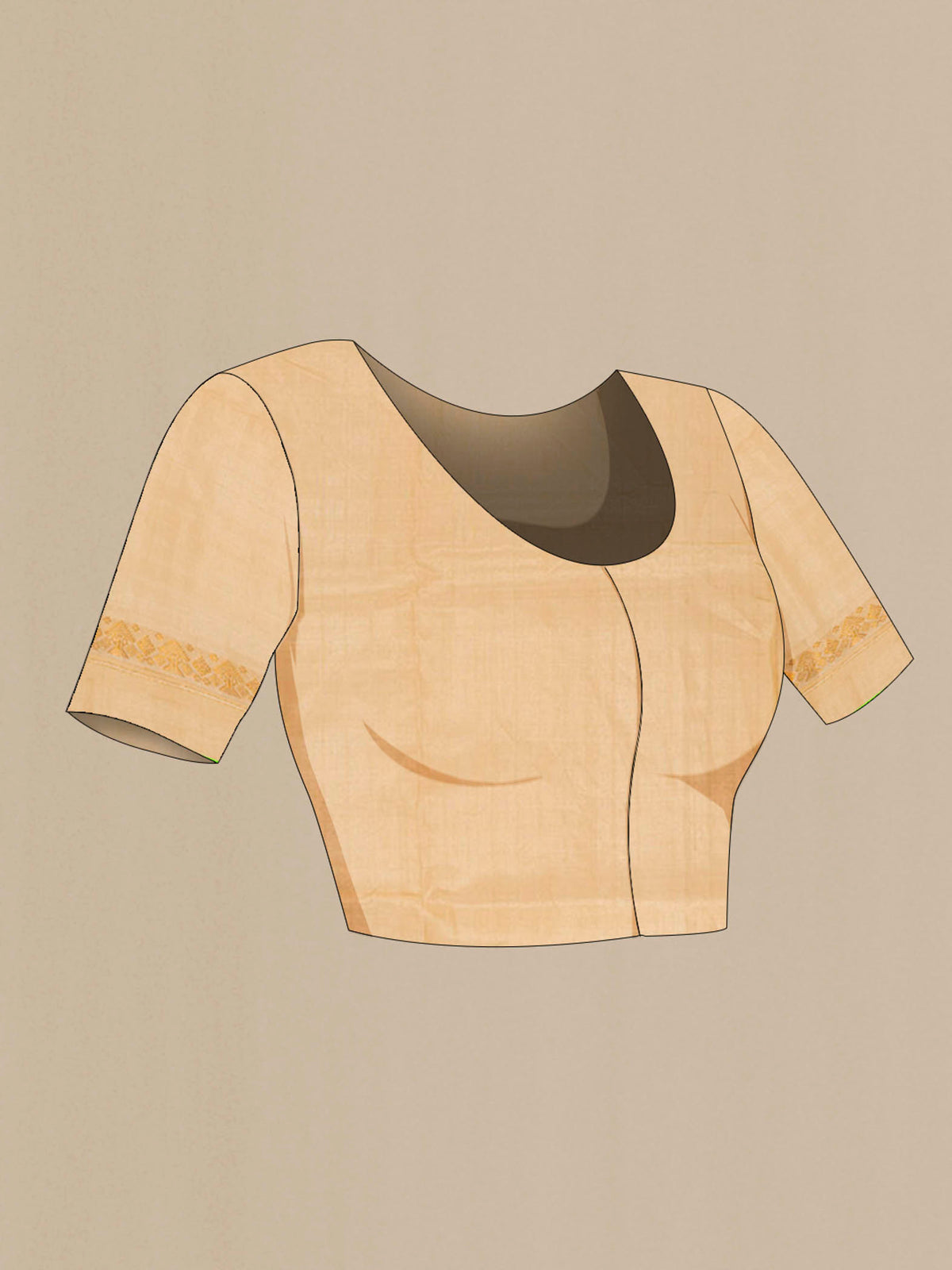 Close up image of the blouse of Beige Assam Silk Saree with Zari Butta on the body and Silk Border