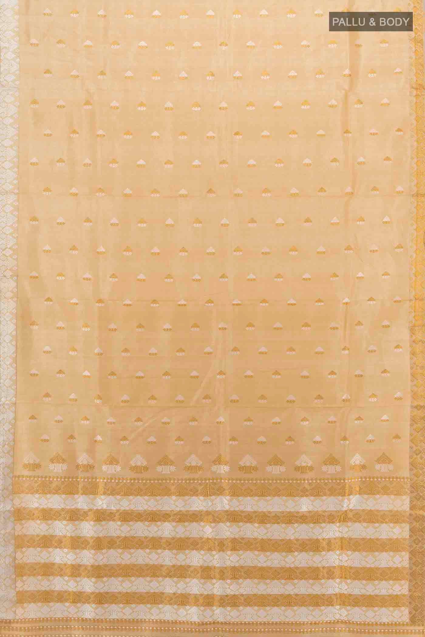 Flat view of Beige Assam Silk Saree with Zari Butta on the body and Silk Border