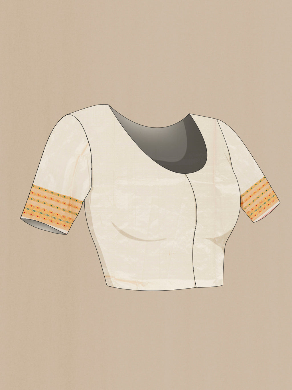 Close up image of the blouse of Off White Assam Silk Saree with Thread Butta on the body and Thread Border. 