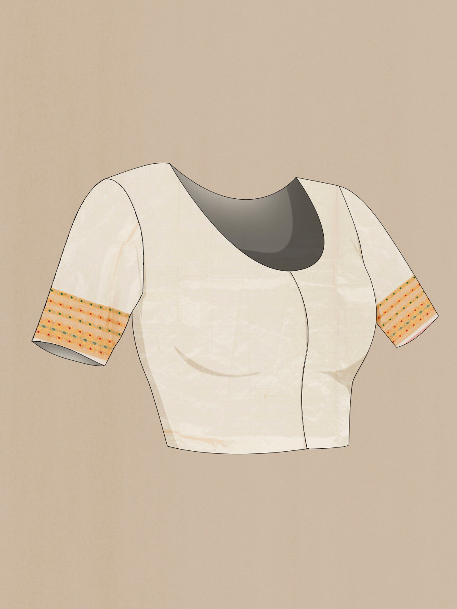 Close up image of the blouse of Off White Assam Silk Saree with Thread Butta on the body and Thread Border. 