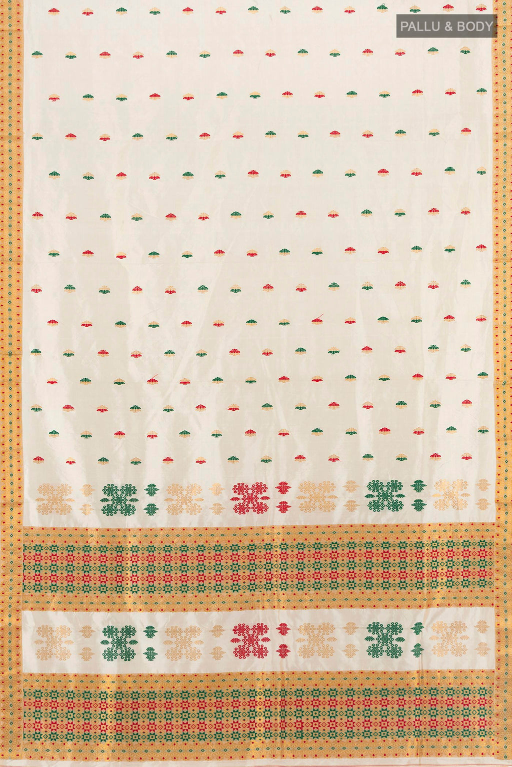 Flat view of Off White Assam Silk Saree with Thread Butta on the body and Thread Border. 