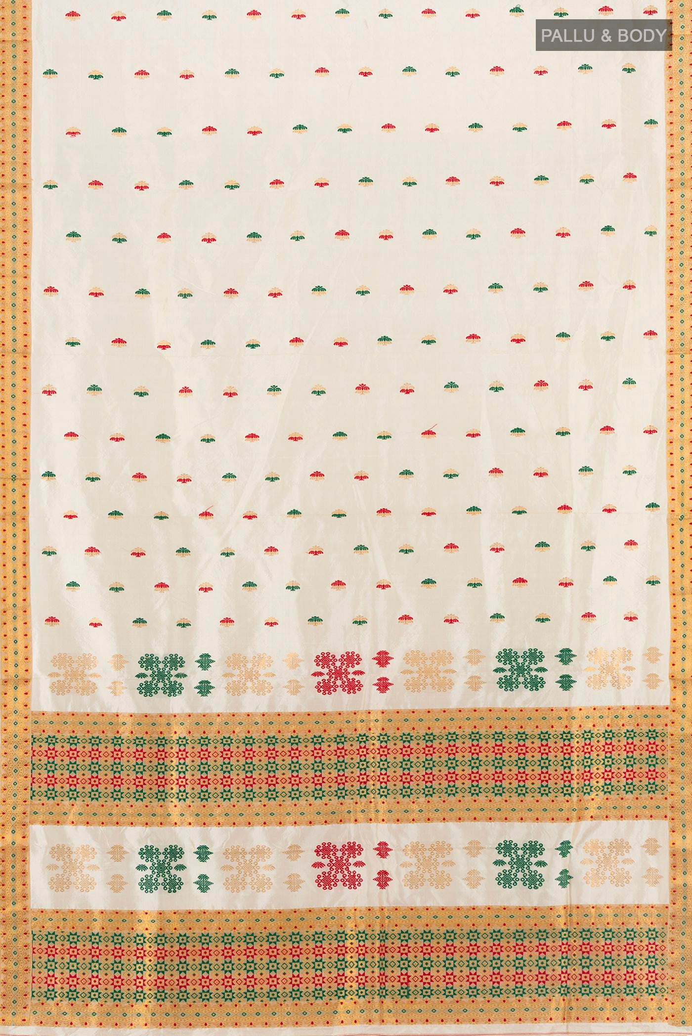 Flat view of Off White Assam Silk Saree with Thread Butta on the body and Thread Border. 