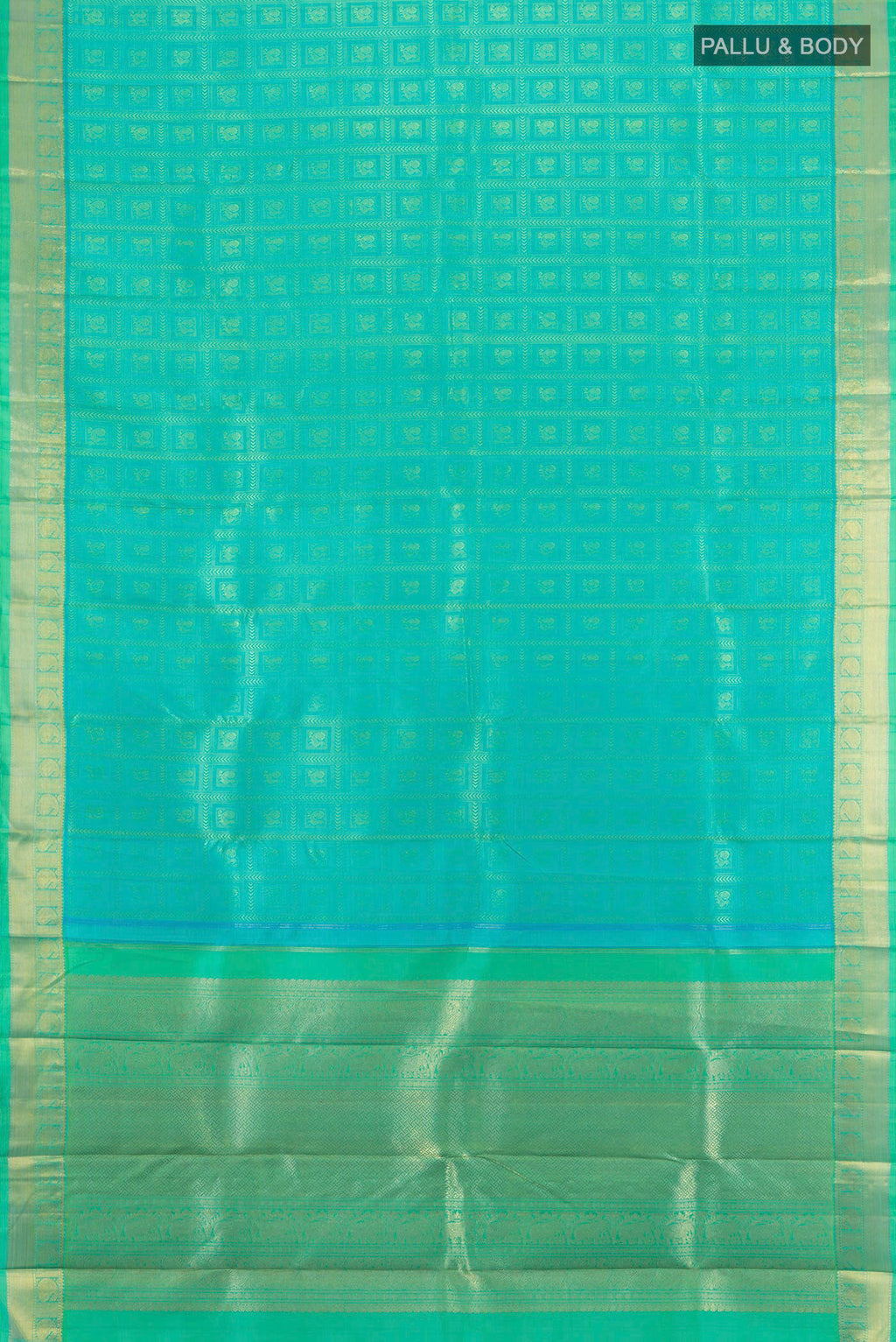 Flat view of Pure Silk Pure Zari Sky Blue Kanjivaram Saree with Jacquard design on the body and Zari Border. 