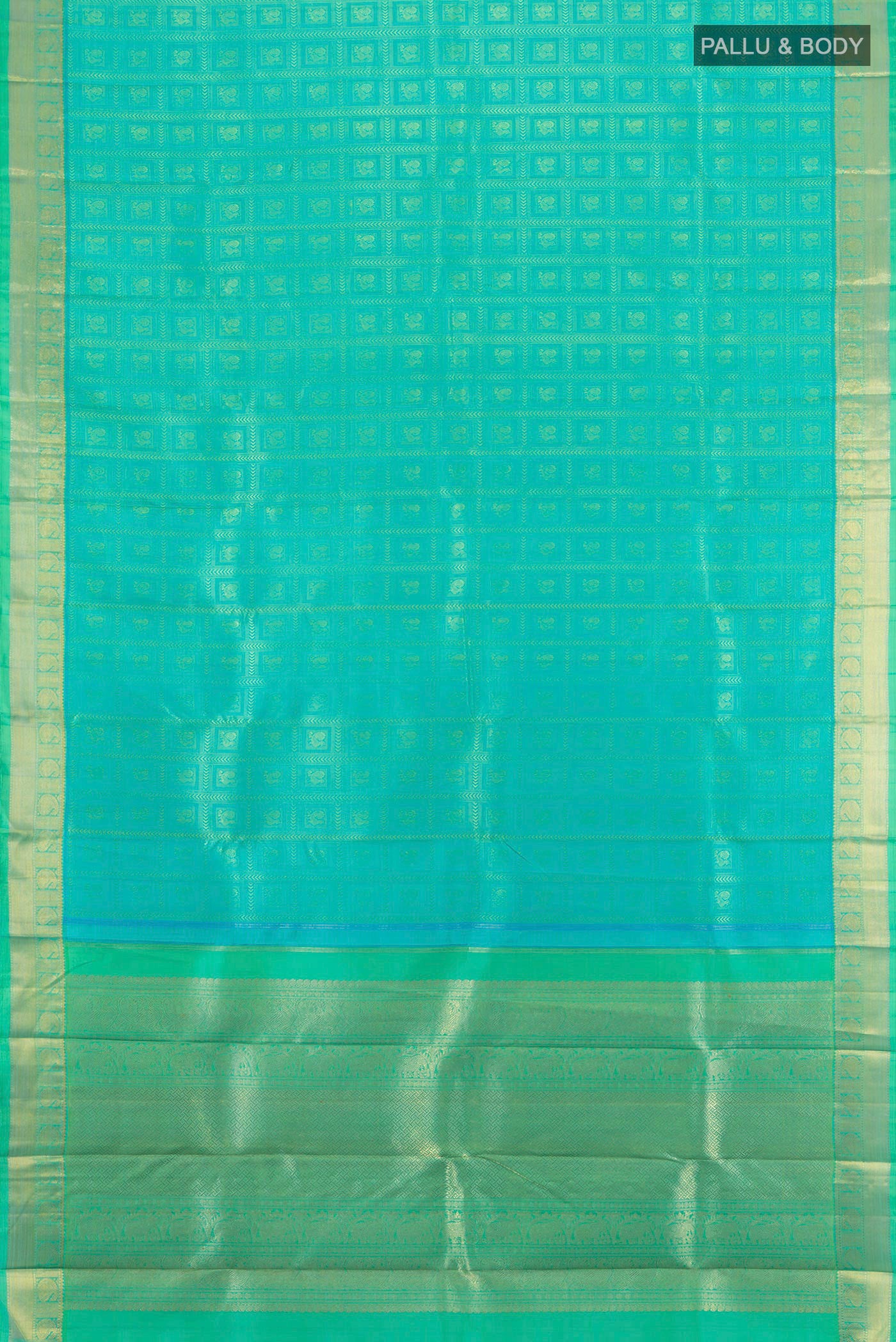 Flat view of Pure Silk Pure Zari Sky Blue Kanjivaram Saree with Jacquard design on the body and Zari Border. 