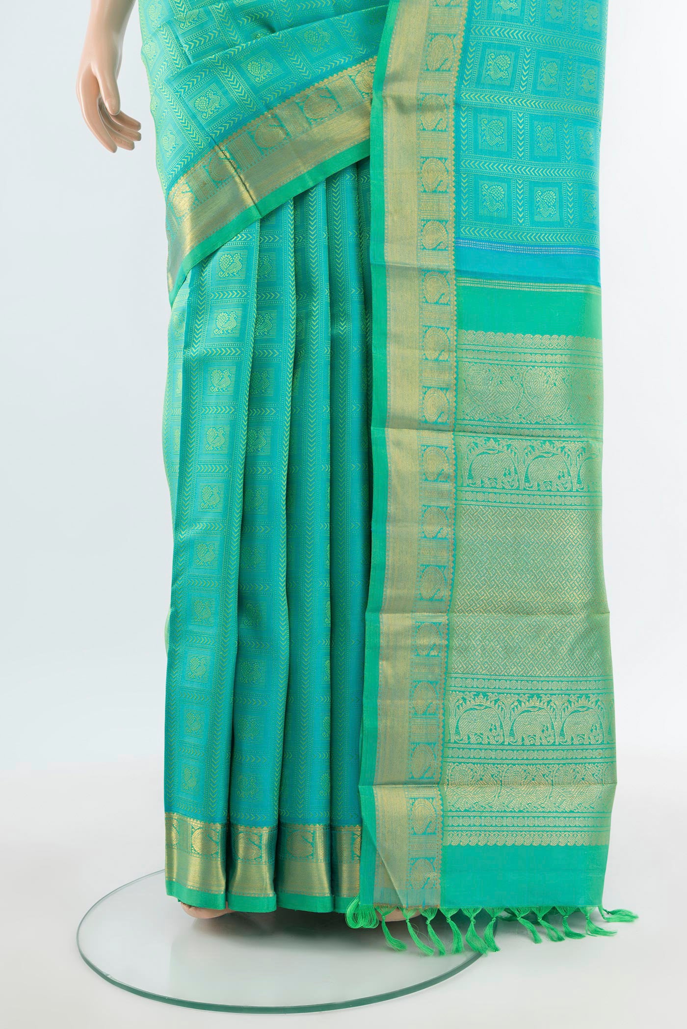 Pleats and pallu of Pure Silk Pure Zari Sky Blue Kanjivaram Saree with Jacquard design on the body and Zari Border. 
