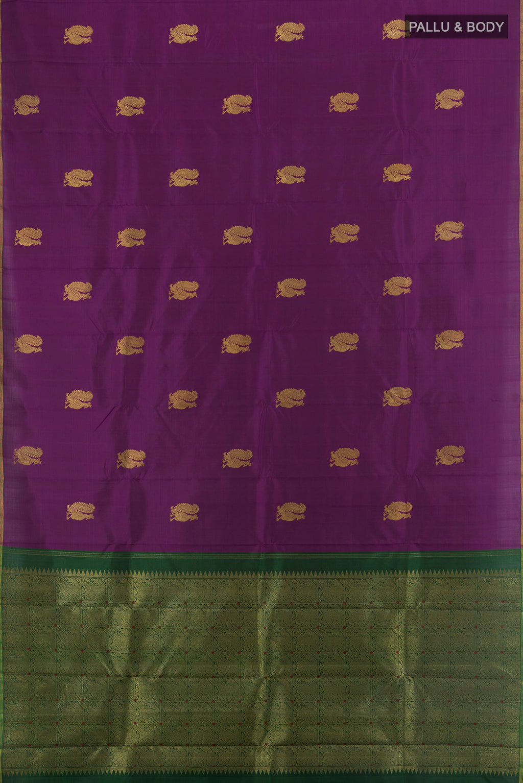 Flat view of Pure Silk Pure Zari Violet Kanchipuram Saree with Zari Butta on the body and Silk Border. 