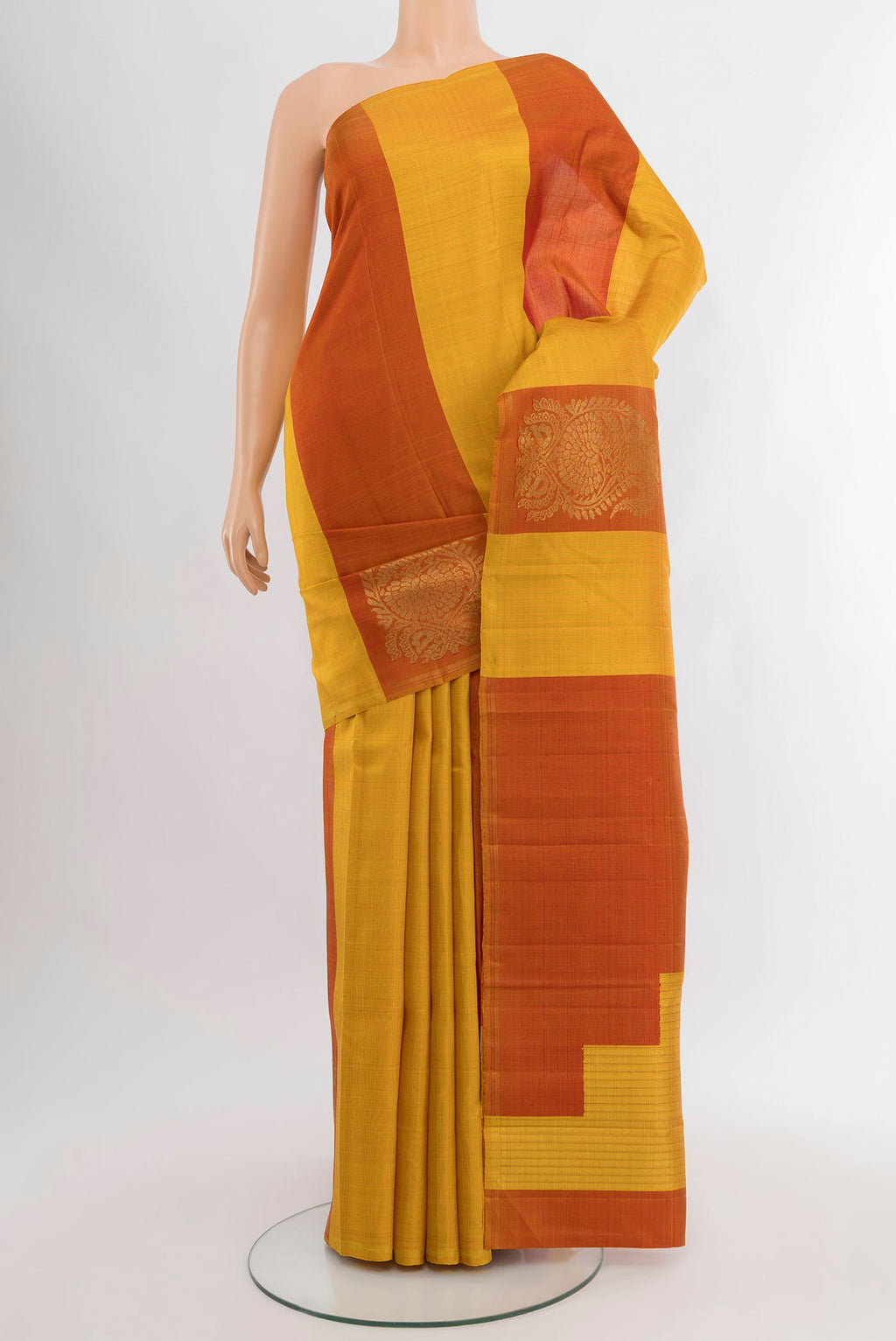 Multi Color Kanchipuram Silk Saree with Stripes on the body and Without Border.  displayed on a mannequin