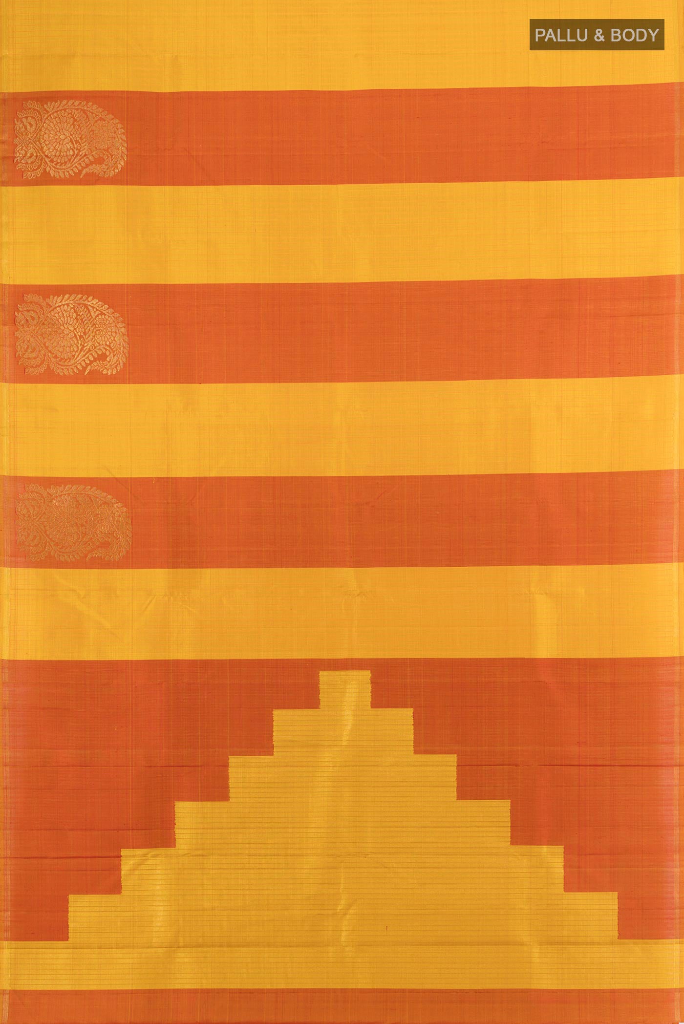 Flat view of Multi Color Kanchipuram Silk Saree with Stripes on the body and Without Border. 