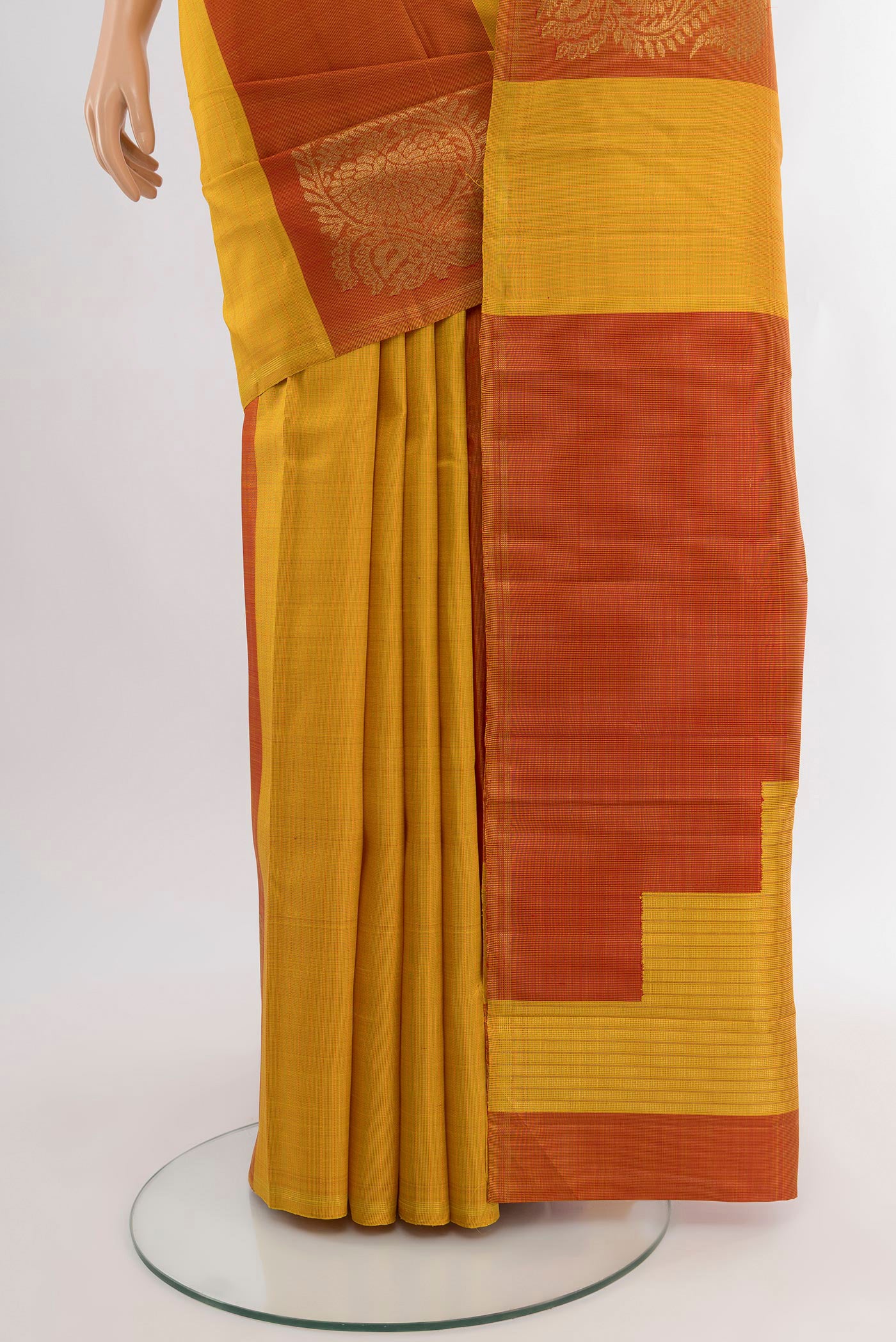 Pleats and pallu of Multi Color Kanchipuram Silk Saree with Stripes on the body and Without Border. 