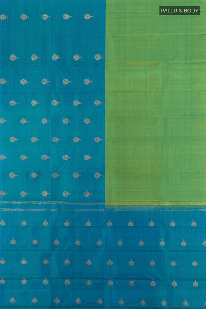 Flat view of Pure Silk Pure Zari Multi Color Kanchipuram Saree with Zari Butta on the body and Silk Border. 