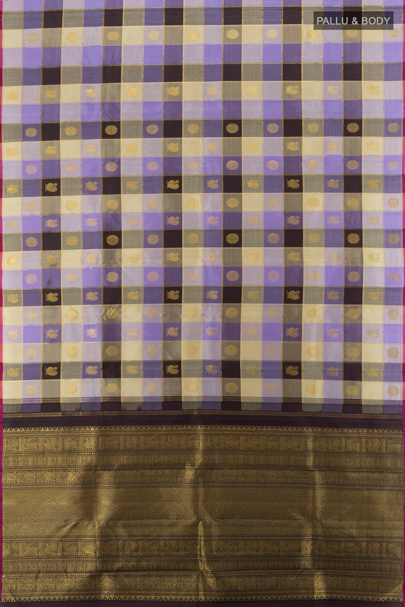 Flat view of Multi Color Kanjivaram Silk Saree with Checked design on the body and Silk Border. 