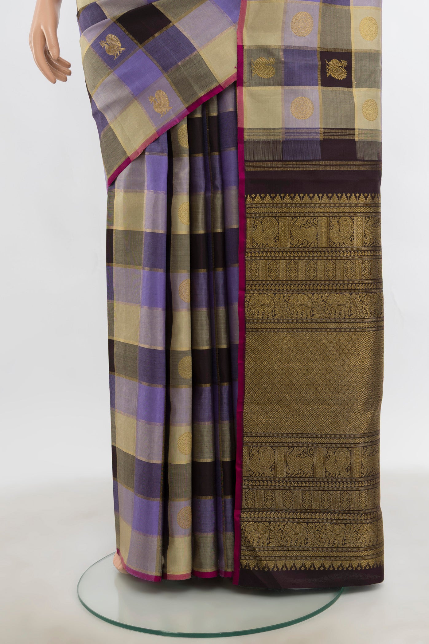 Pleats and pallu of Multi Color Kanjivaram Silk Saree with Checked design on the body and Silk Border. 