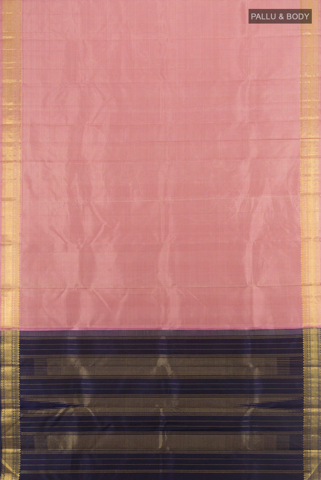 Flat view of Pure Silk Pure Zari Rose Gold Kanchipuram Saree with Checked design on the body and Zari Border. 