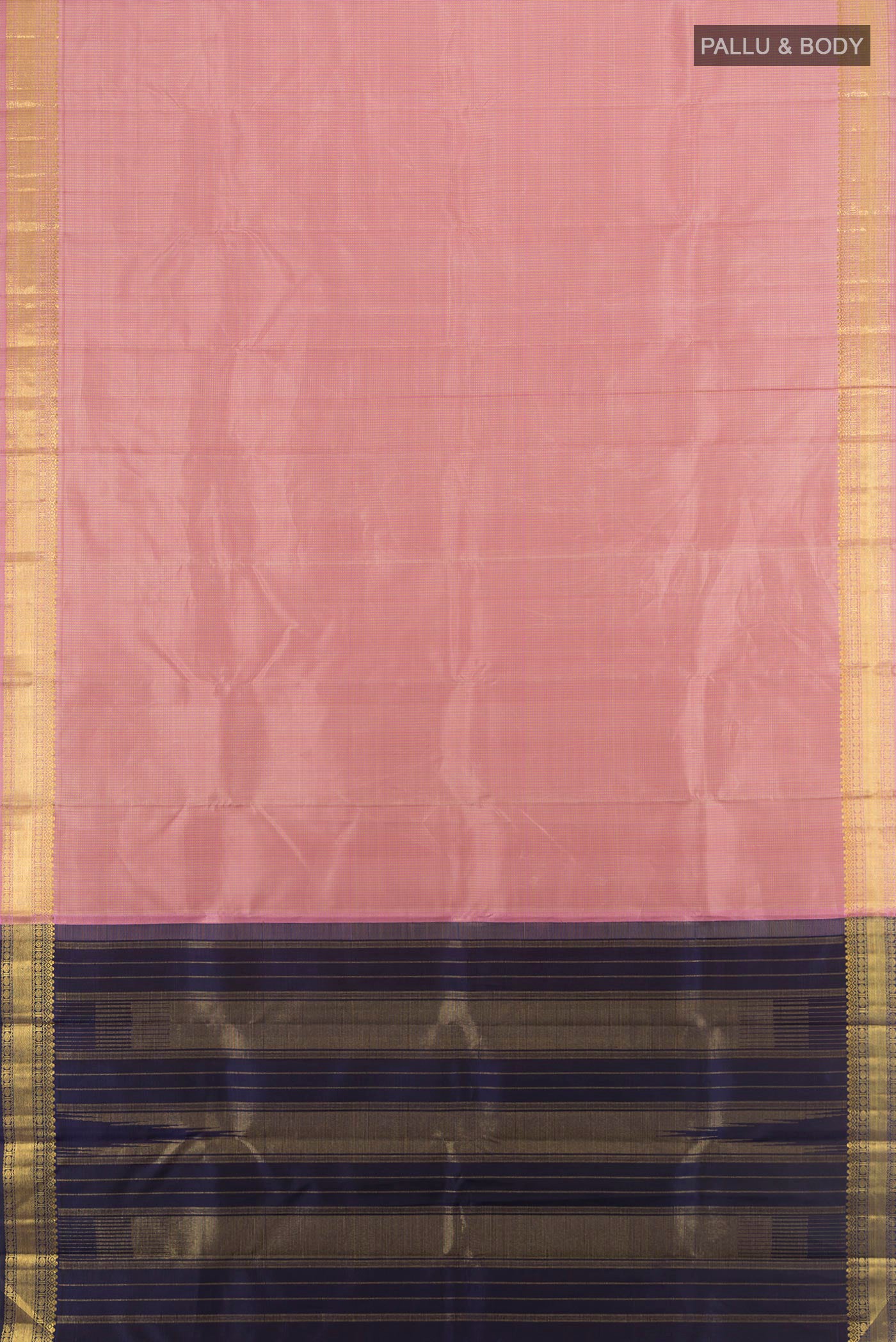 Flat view of Pure Silk Pure Zari Rose Gold Kanchipuram Saree with Checked design on the body and Zari Border. 