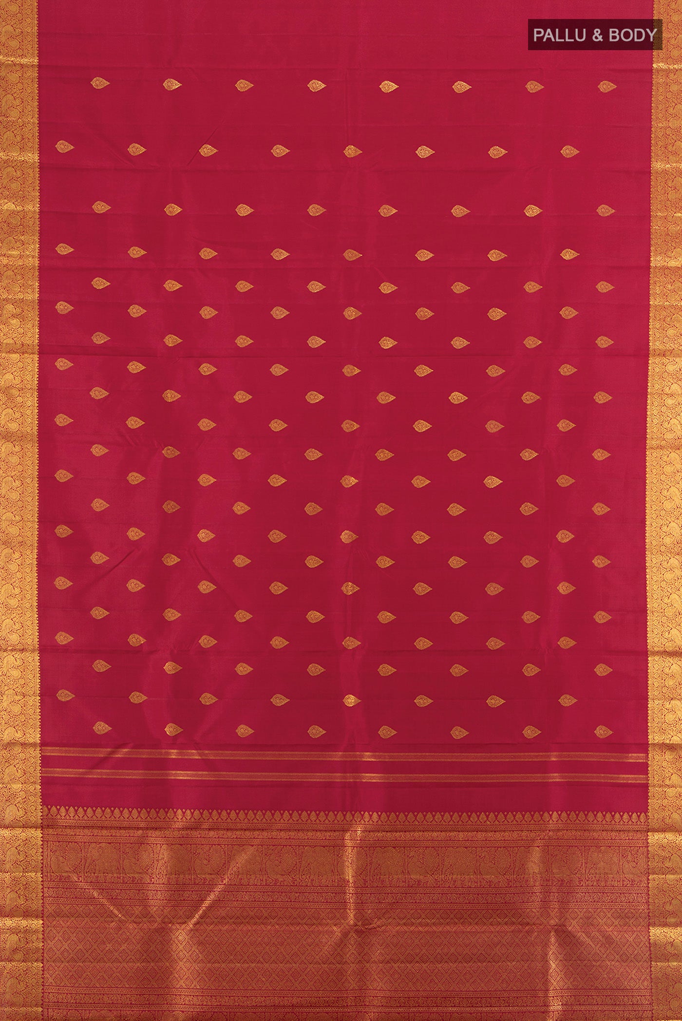 Flat view of Pure Silk Pure Zari Maroon Kanchipuram Saree with Zari Butta on the body and Zari Border. 