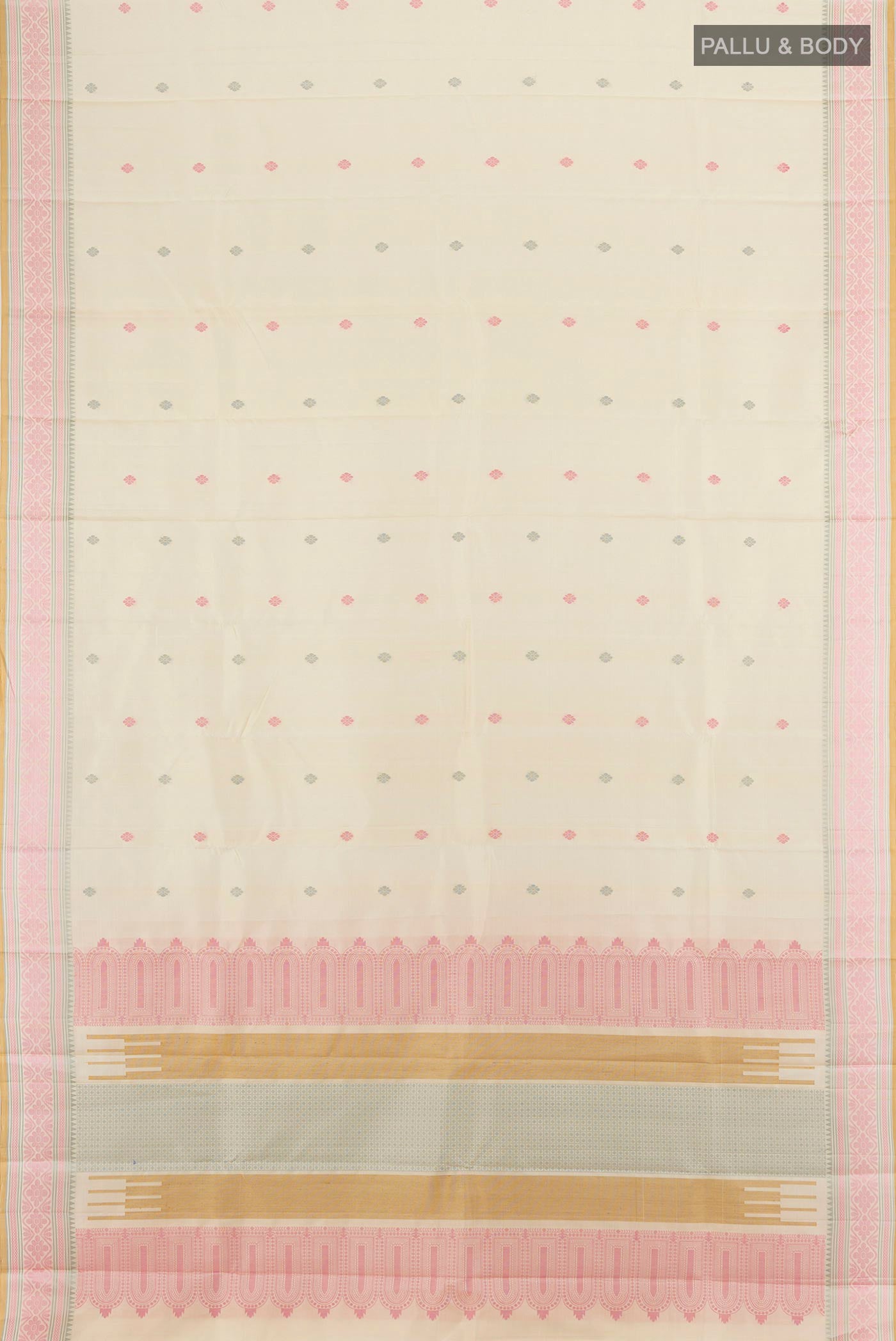 Flat view of Pure Silk Pure Zari Cream Kanchipuram Saree with Zari Butta on the body and Silk Border. 